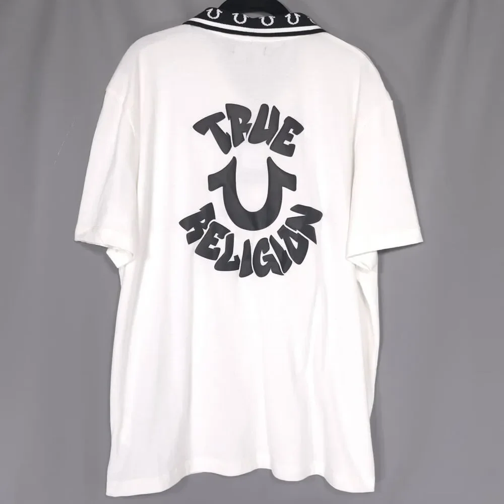 TRUE RELIGION Mens New Polo Shirt LARGE White Logo Graphic 701065 PIQUE POLO